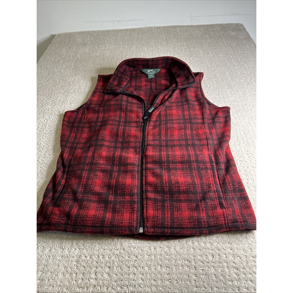 Woolrich Red Black Plaid Sleeveless Full Zip Fleece Vest w/pockets Women's Sz. L